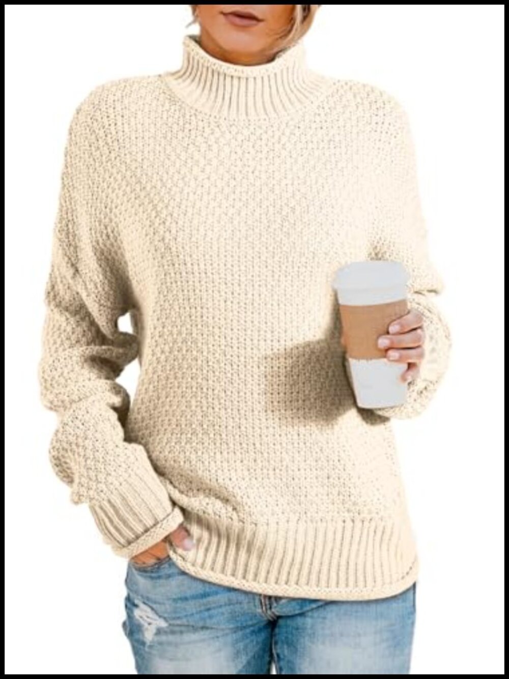 Women's Chunky Cable Knit Turtleneck Sweater Oversized Long Sleeve Pullover